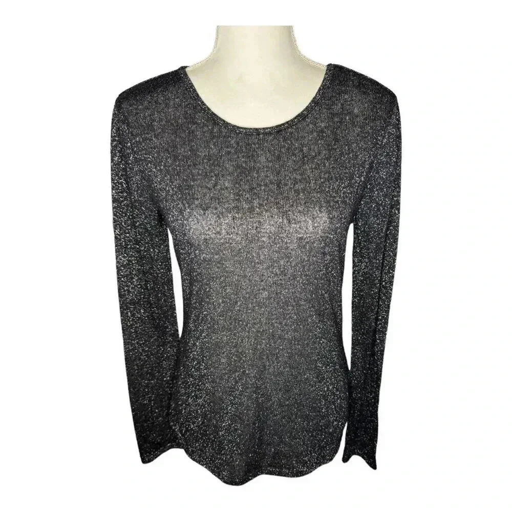 Express‎ Women’s Large Black Silver Metallic Sparkly Semi Sheer Knit Sweater